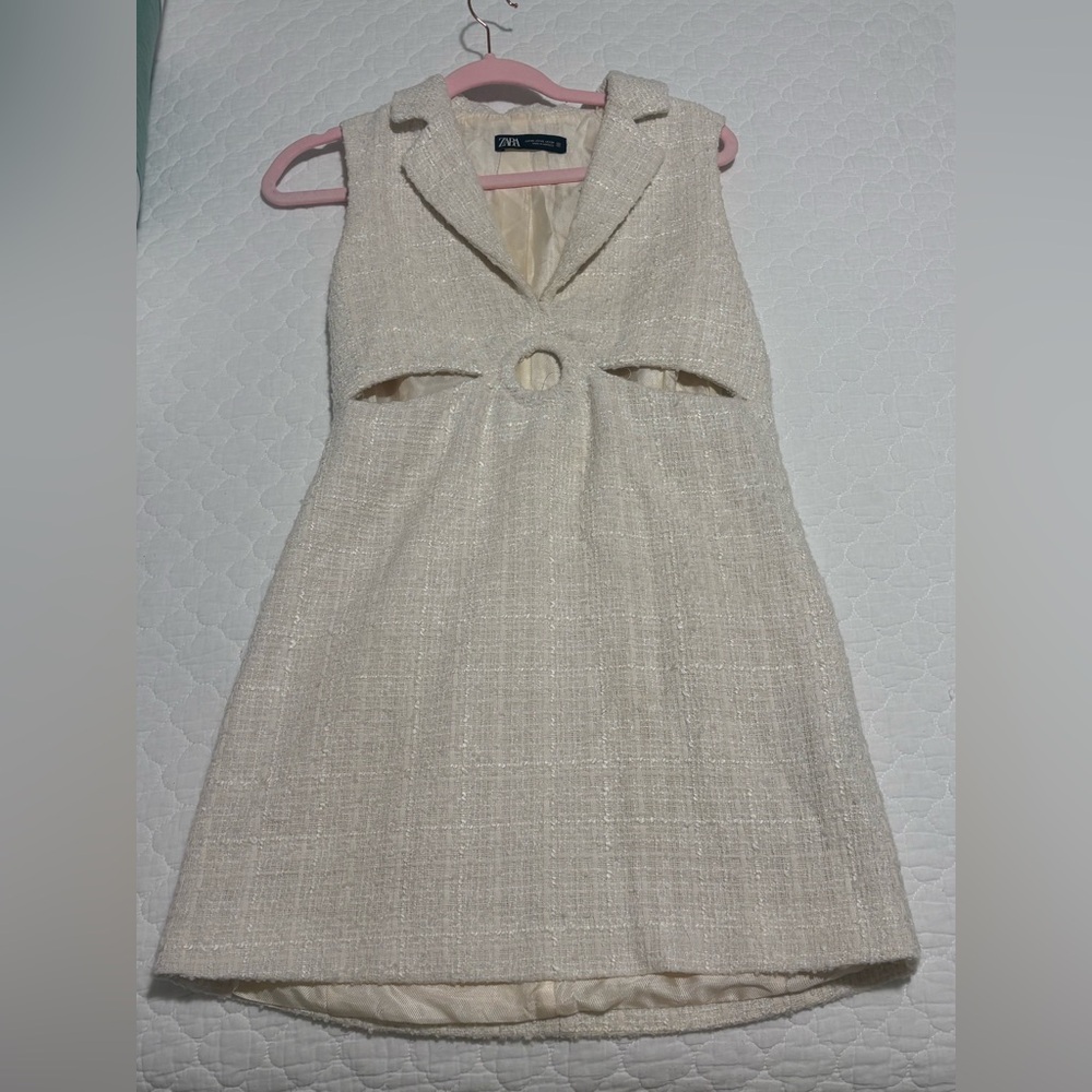 Zara Ivory Tweed Textured Mini Dress